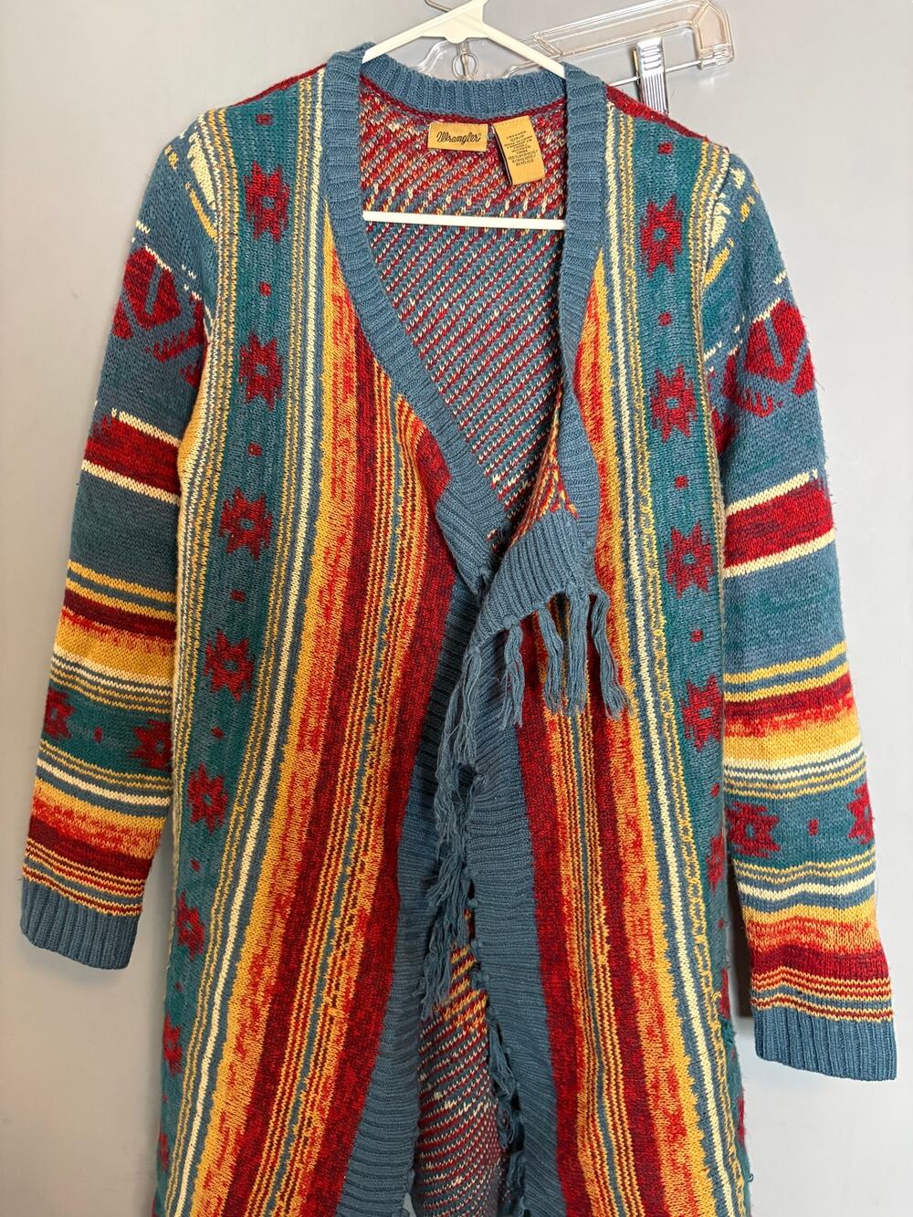 Wrangler Multicolor Southwestern Aztec Fringe Open Front Cardigan Women’s